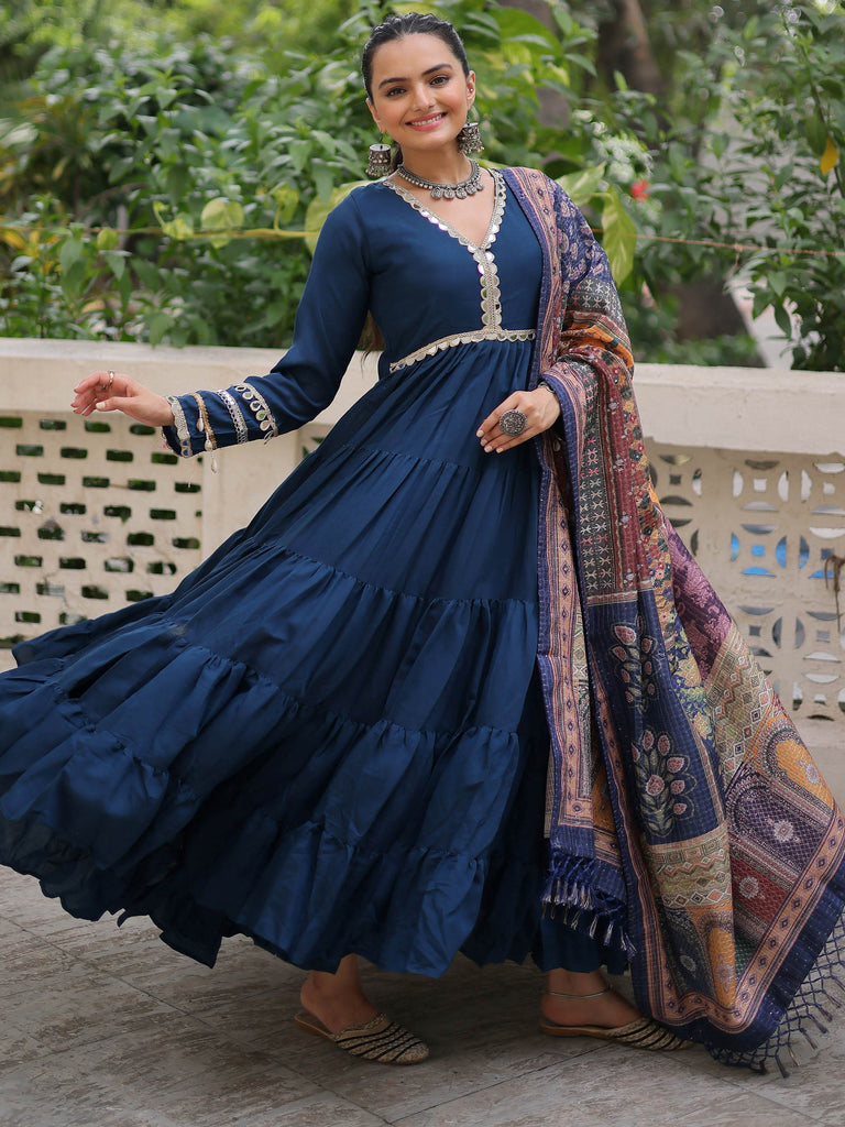 Wonderful Blue Lace Work Rayon Festival Wear Gown With Dupatta