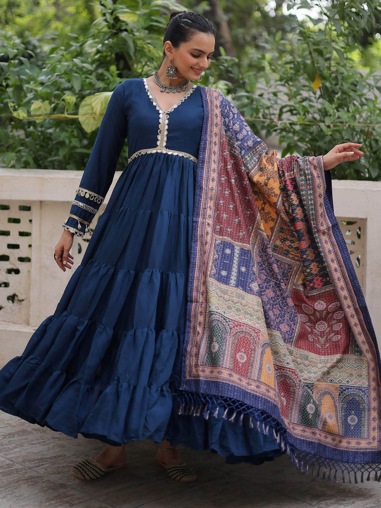 Wonderful Blue Lace Work Rayon Festival Wear Gown With Dupatta
