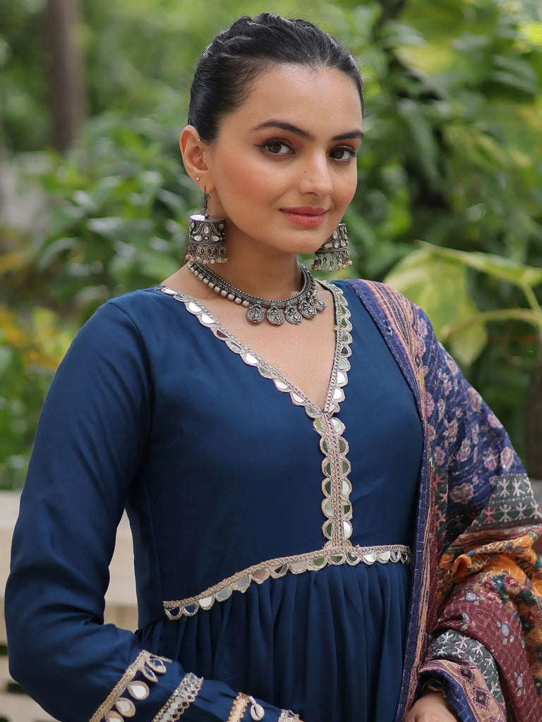 Wonderful Blue Lace Work Rayon Festival Wear Gown With Dupatta