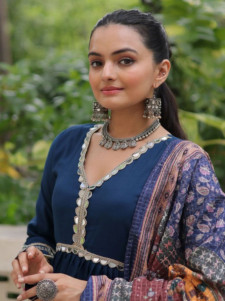 Wonderful Blue Lace Work Rayon Festival Wear Gown With Dupatta