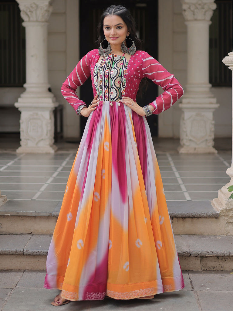 Precious Multi-Color Bandhani Printed Georgette Navratri Wear Gown