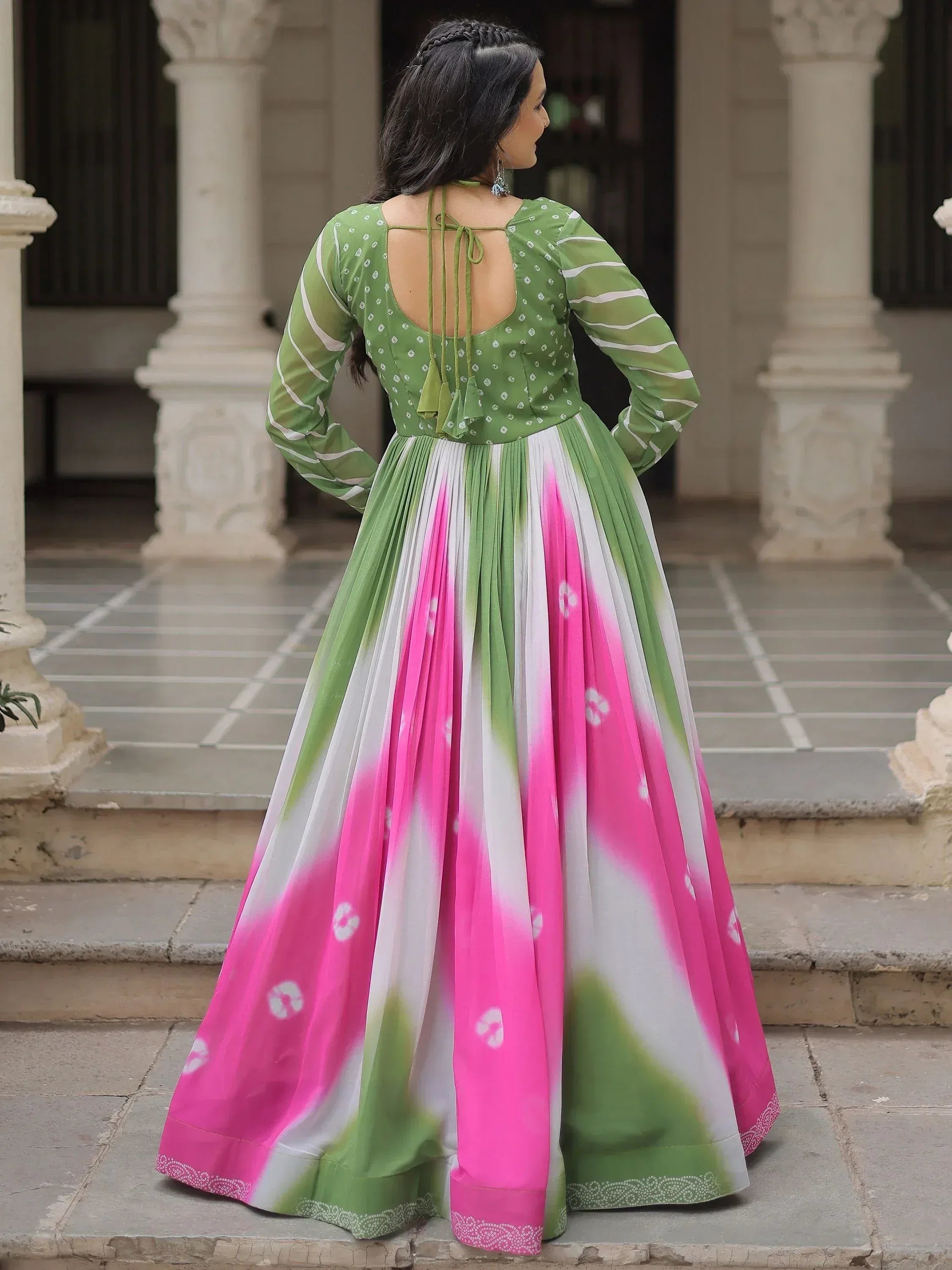 Green and pink tie-dye ethnic gown with back tie detail, perfect for Indian occasions
