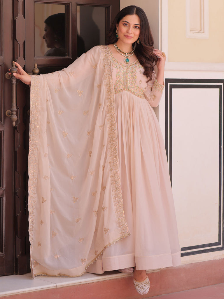 Stylish Peach Thread Work Georgette Festival Wear Gown With Dupatta