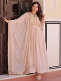 Stylish Peach Thread Work Georgette Festival Wear Gown With Dupatta