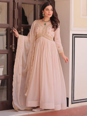 Stylish Peach Thread Work Georgette Festival Wear Gown With Dupatta