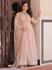 Stylish Peach Thread Work Georgette Festival Wear Gown With Dupatta