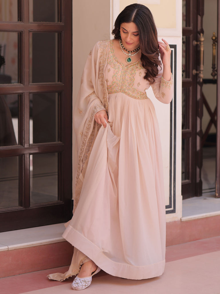 Stylish Peach Thread Work Georgette Festival Wear Gown With Dupatta
