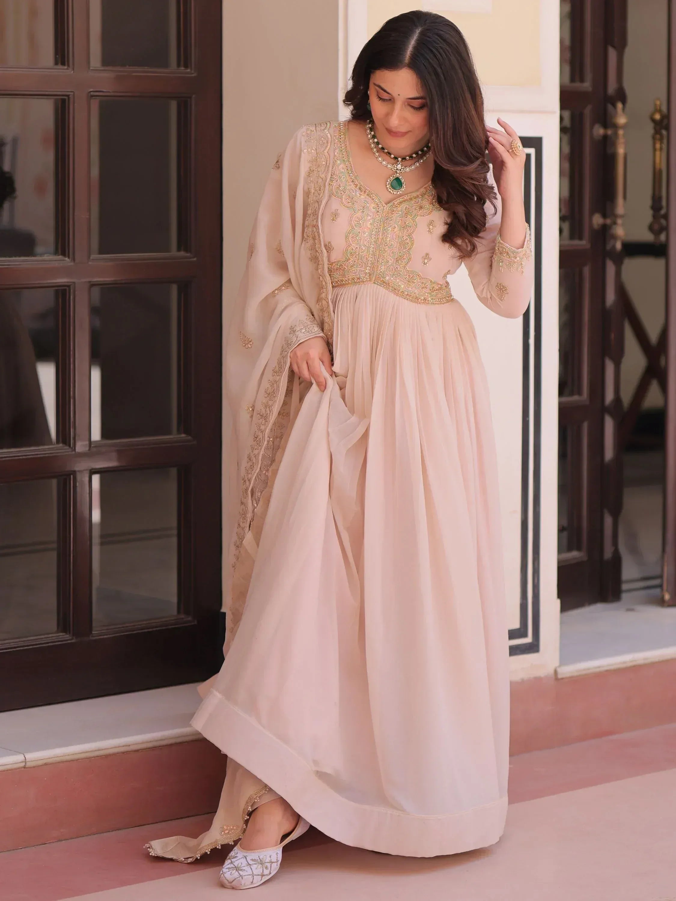 Stylish Peach Thread Work Georgette Festival Wear Gown With Dupatta