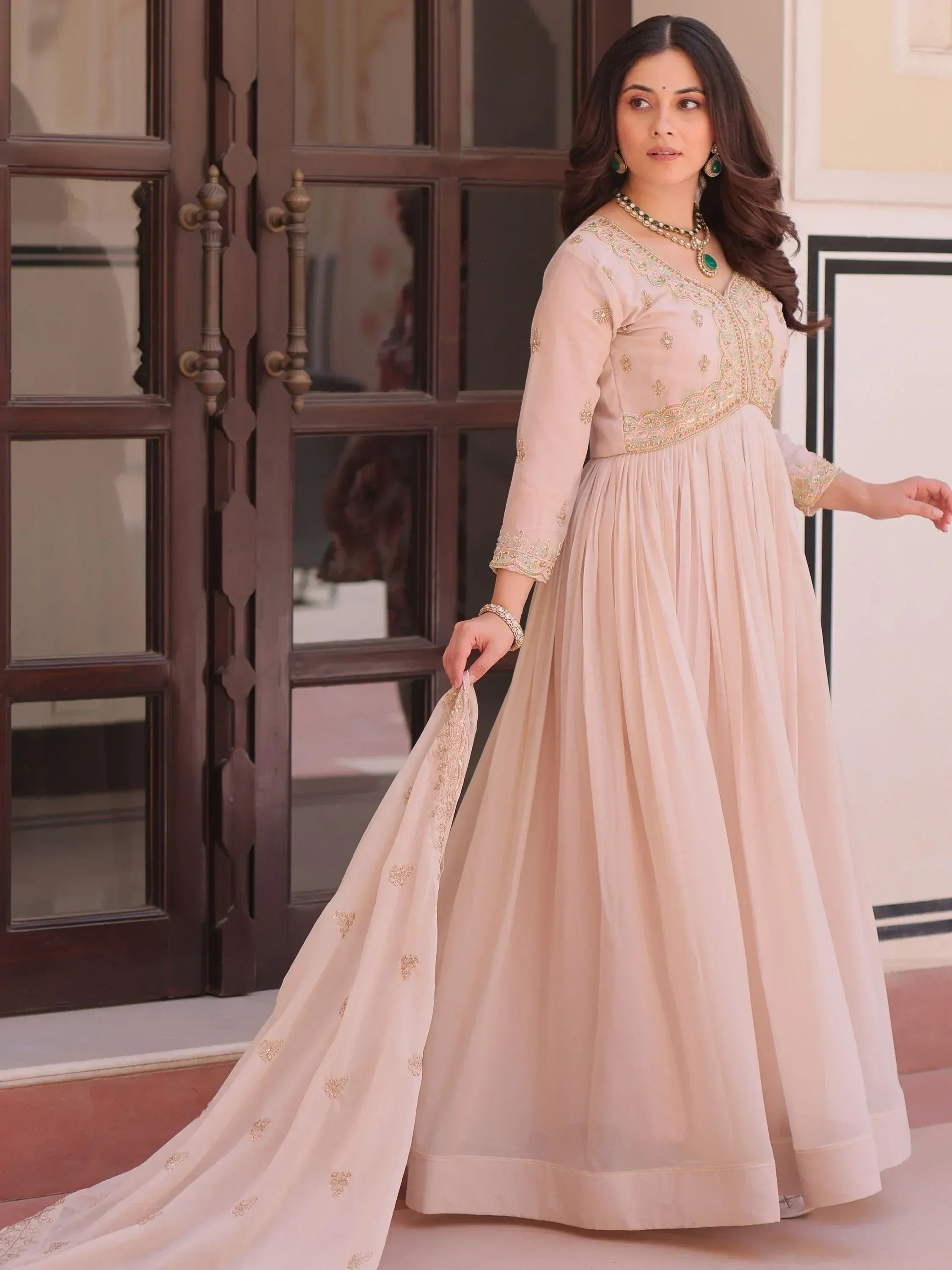 Stylish Peach Thread Work Georgette Festival Wear Gown With Dupatta