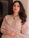 Stylish Peach Thread Work Georgette Festival Wear Gown With Dupatta