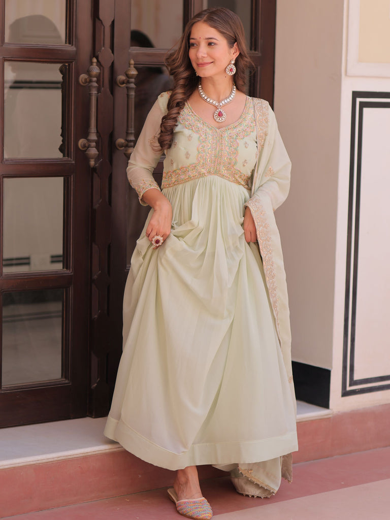 Wonderful Pista Green Thread Work Georgette Gown With Dupatta