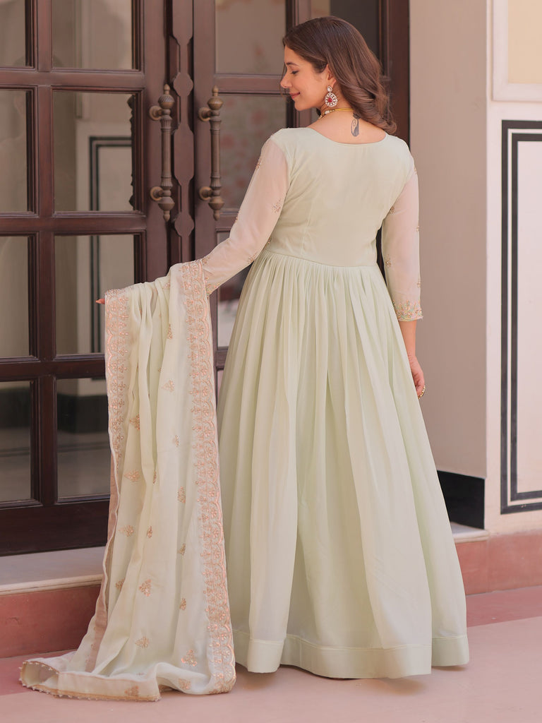 Wonderful Pista Green Thread Work Georgette Gown With Dupatta