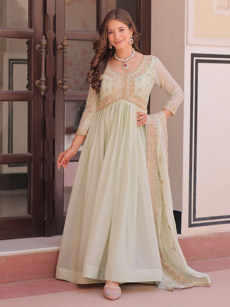 Wonderful Pista Green Thread Work Georgette Gown With Dupatta