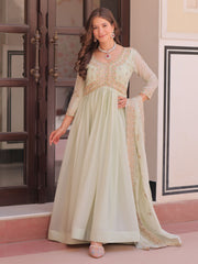 Wonderful Pista Green Thread Work Georgette Gown With Dupatta