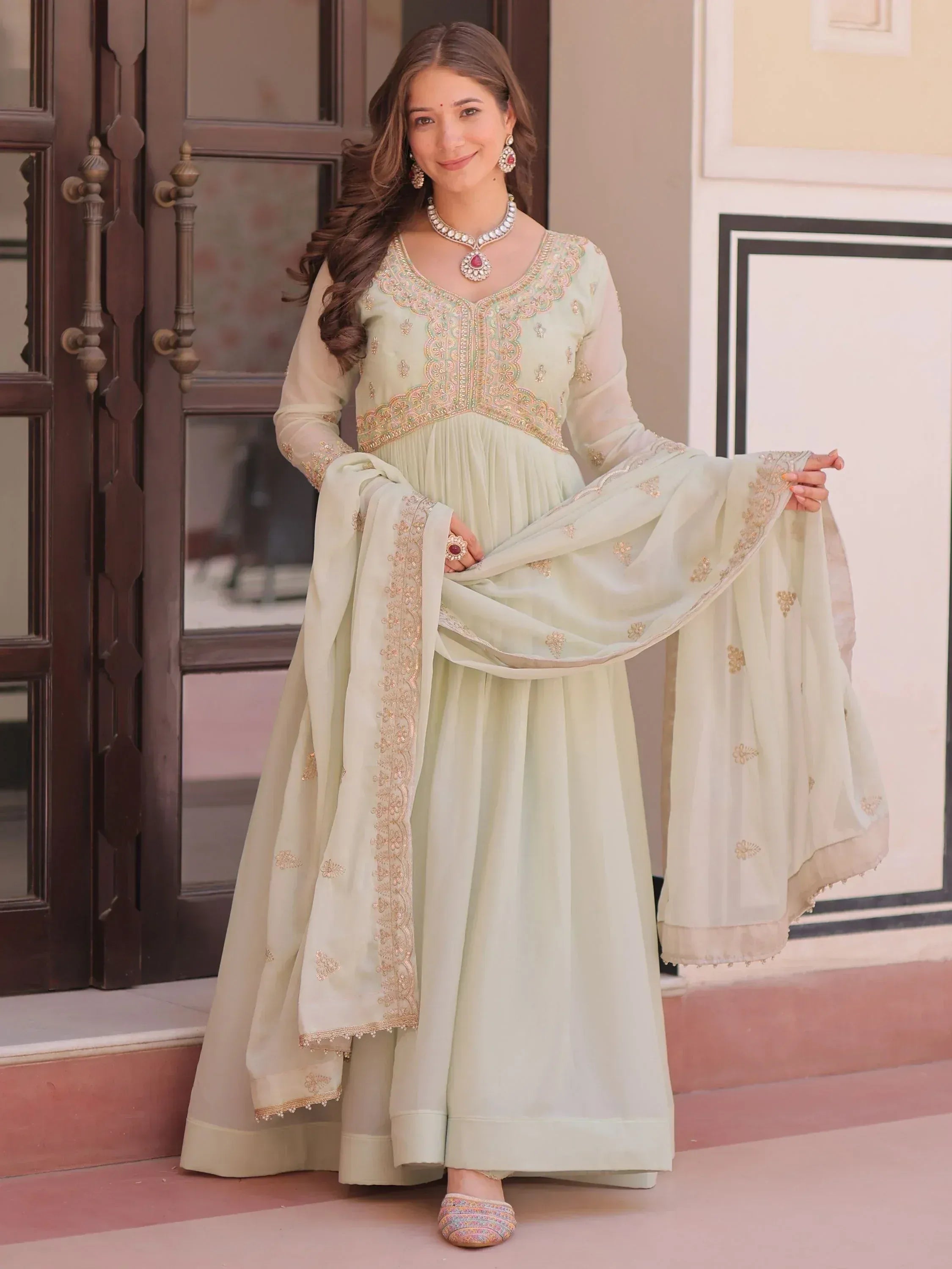 Wonderful Pista Green Thread Work Georgette Gown With Dupatta