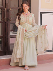 Wonderful Pista Green Thread Work Georgette Gown With Dupatta