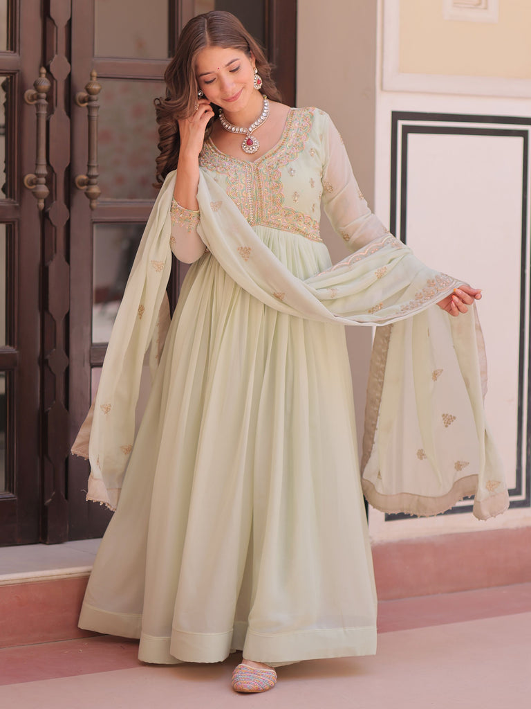 Wonderful Pista Green Thread Work Georgette Gown With Dupatta