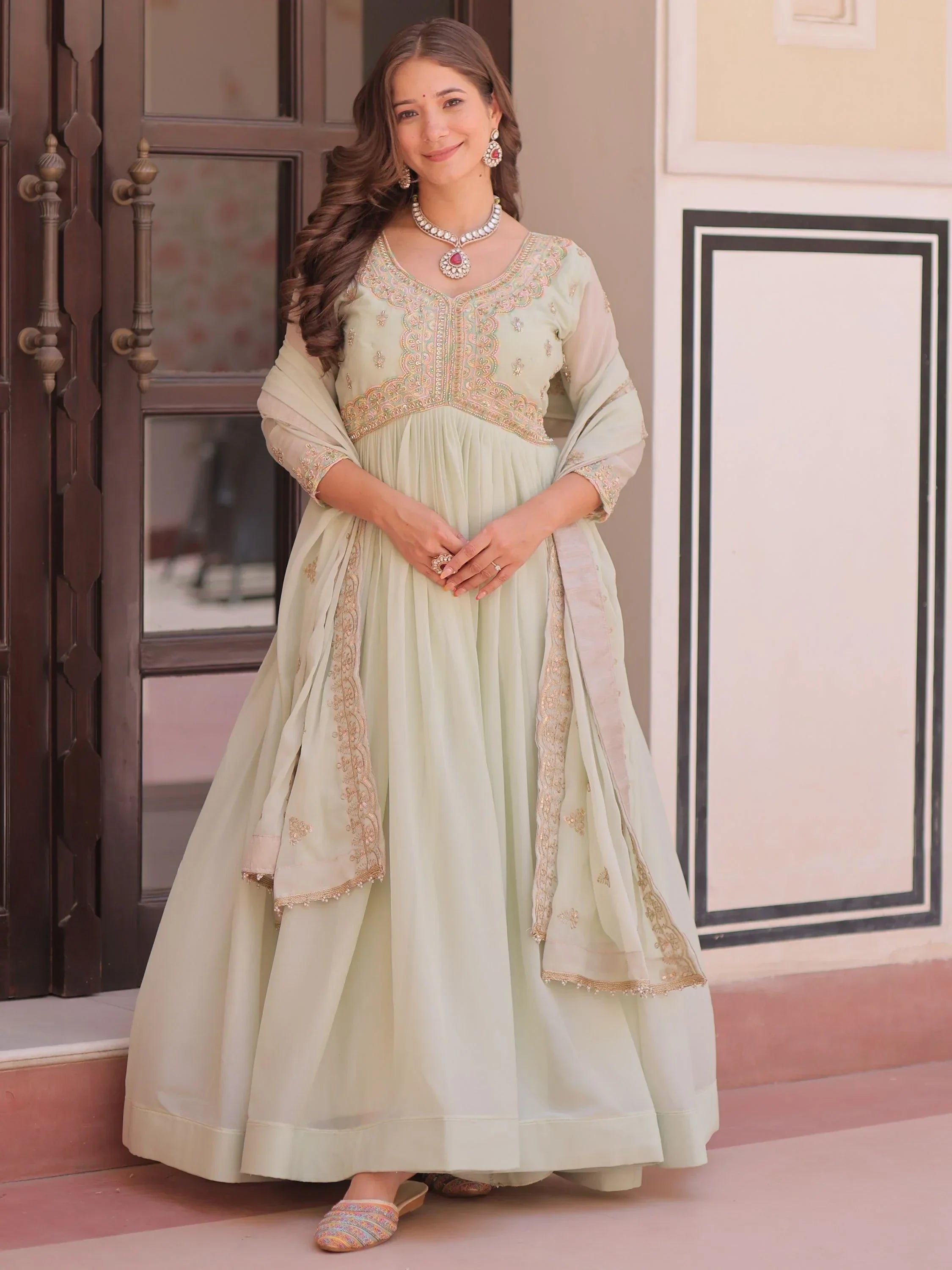 Wonderful Pista Green Thread Work Georgette Gown With Dupatta