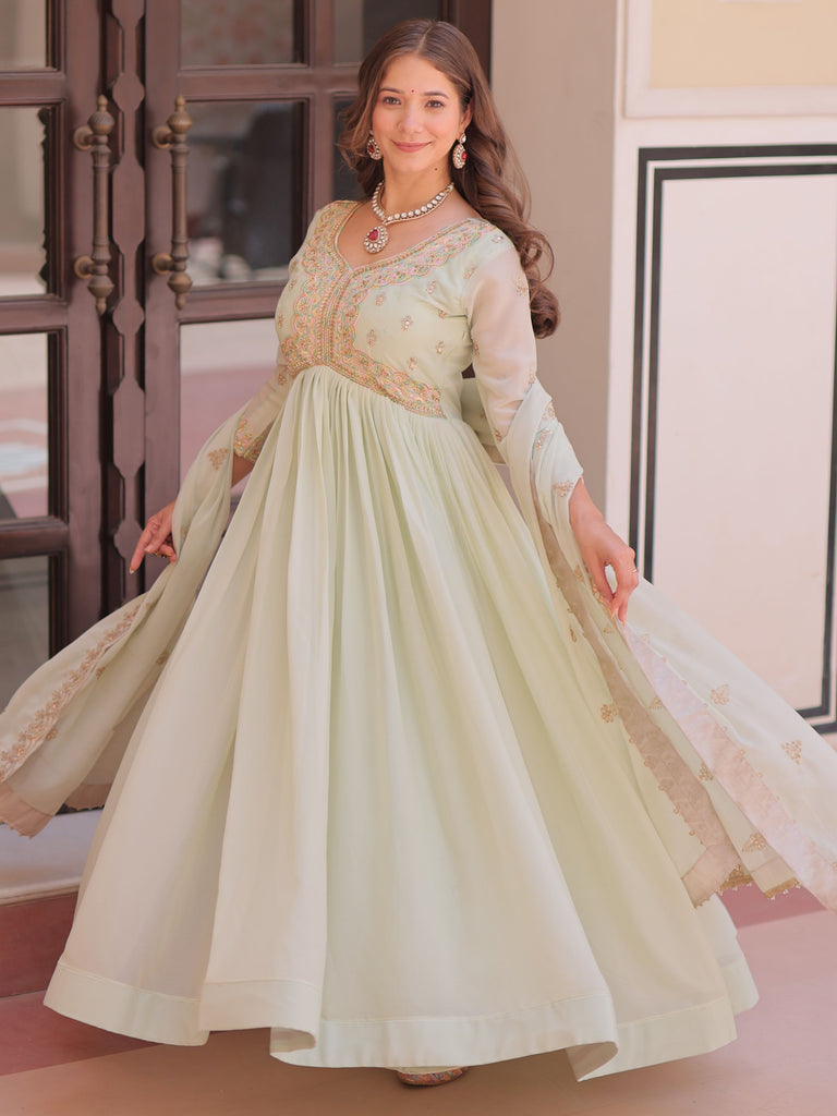 Wonderful Pista Green Thread Work Georgette Gown With Dupatta