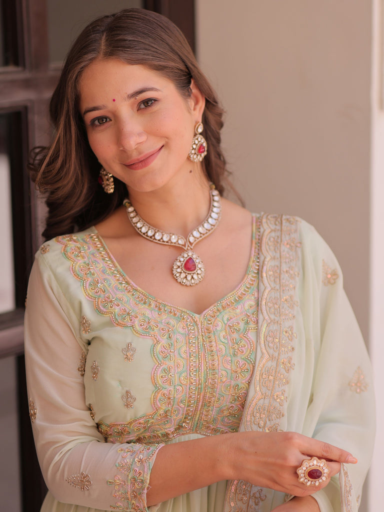 Wonderful Pista Green Thread Work Georgette Gown With Dupatta