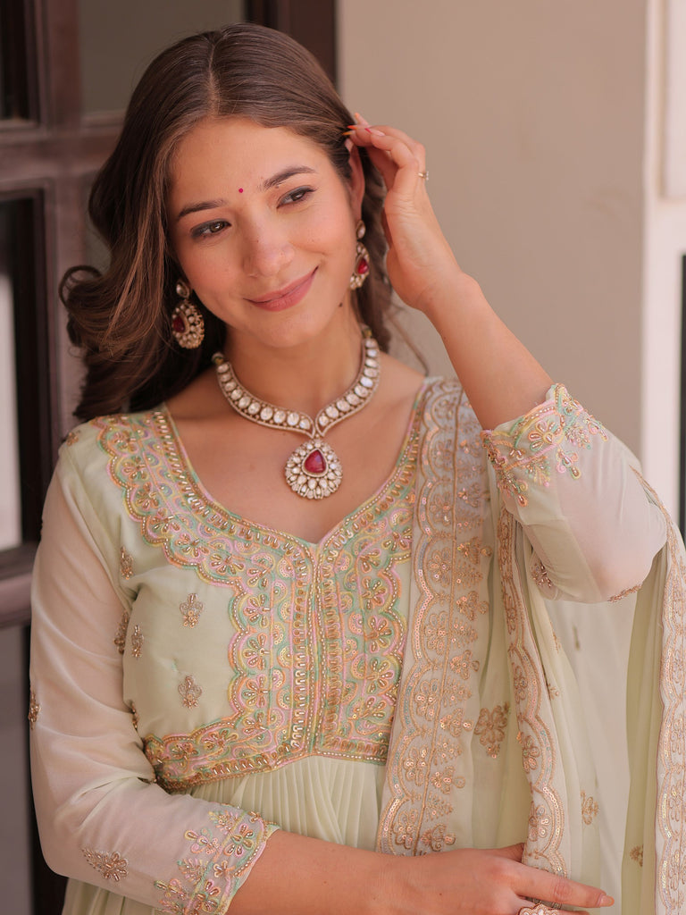 Wonderful Pista Green Thread Work Georgette Gown With Dupatta