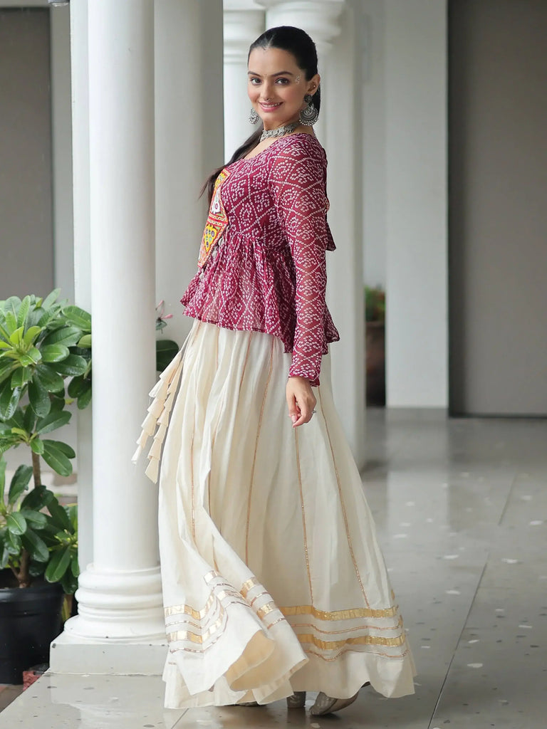 Stylish Red Bandhani Printed Navratri Wear Lehenga With Peplum Top