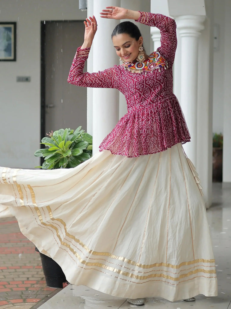 Stylish Red Bandhani Printed Navratri Wear Lehenga With Peplum Top