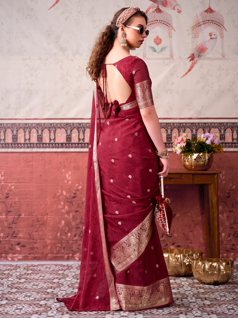Classy Maroon Zari Work Chinon Wedding Wear Saree With Blouse