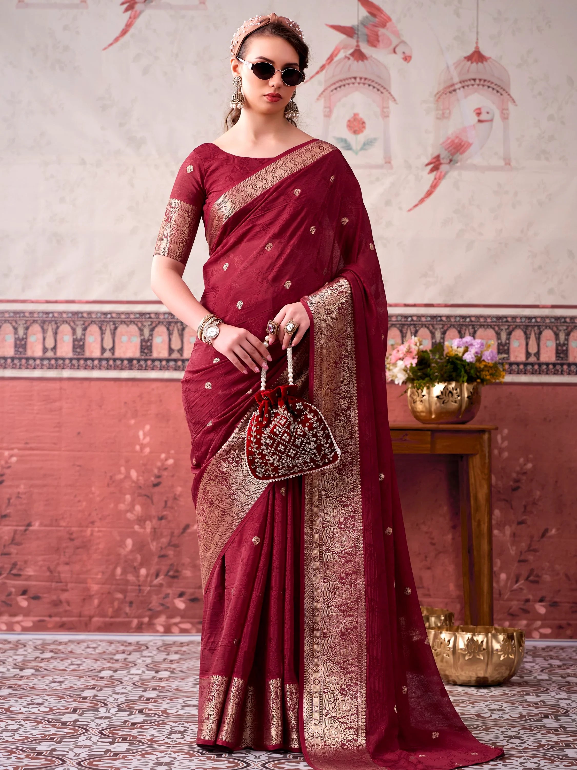 Classy Maroon Zari Work Chinon Wedding Wear Saree With Blouse