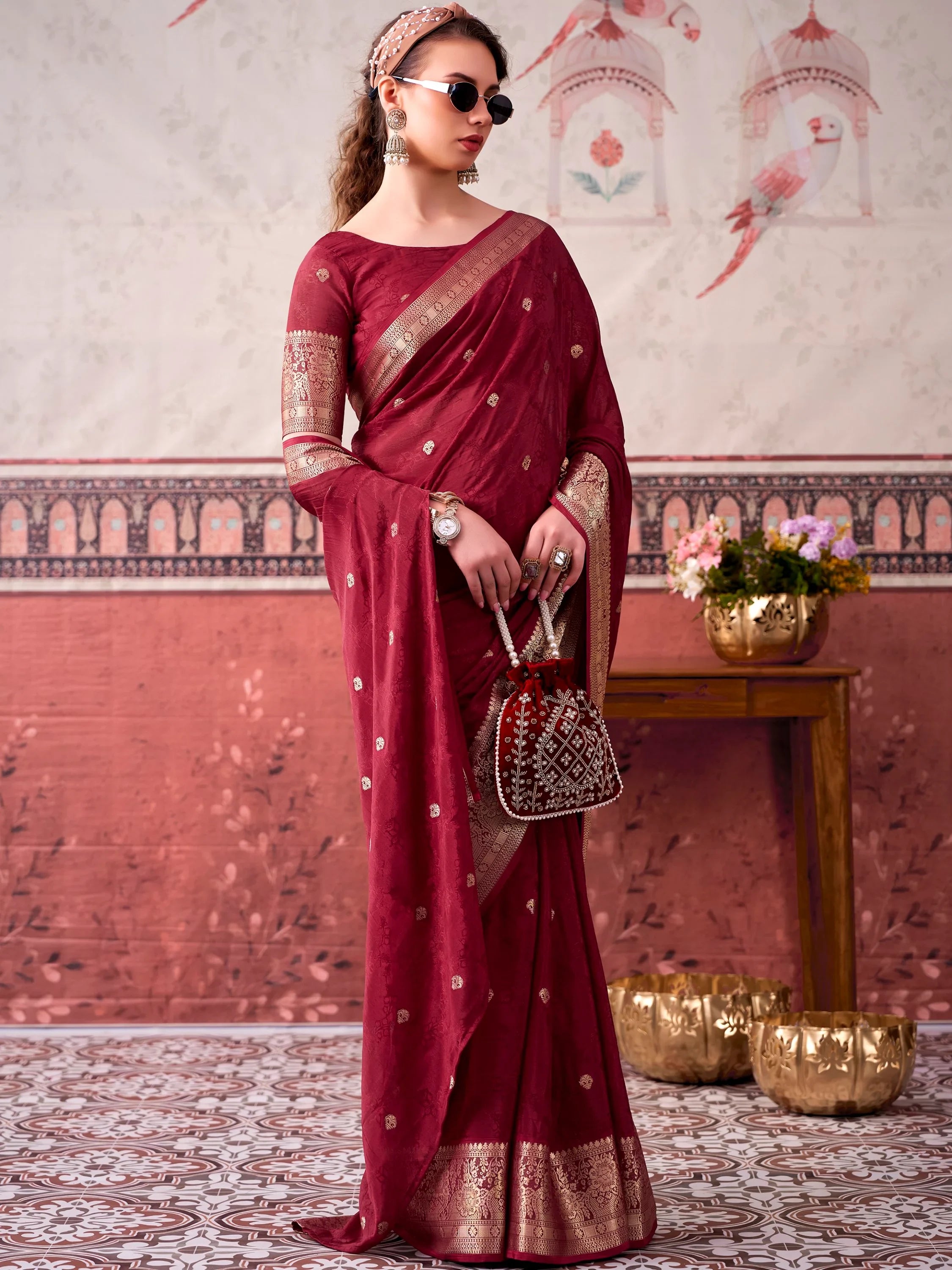 Classy Maroon Zari Work Chinon Wedding Wear Saree With Blouse