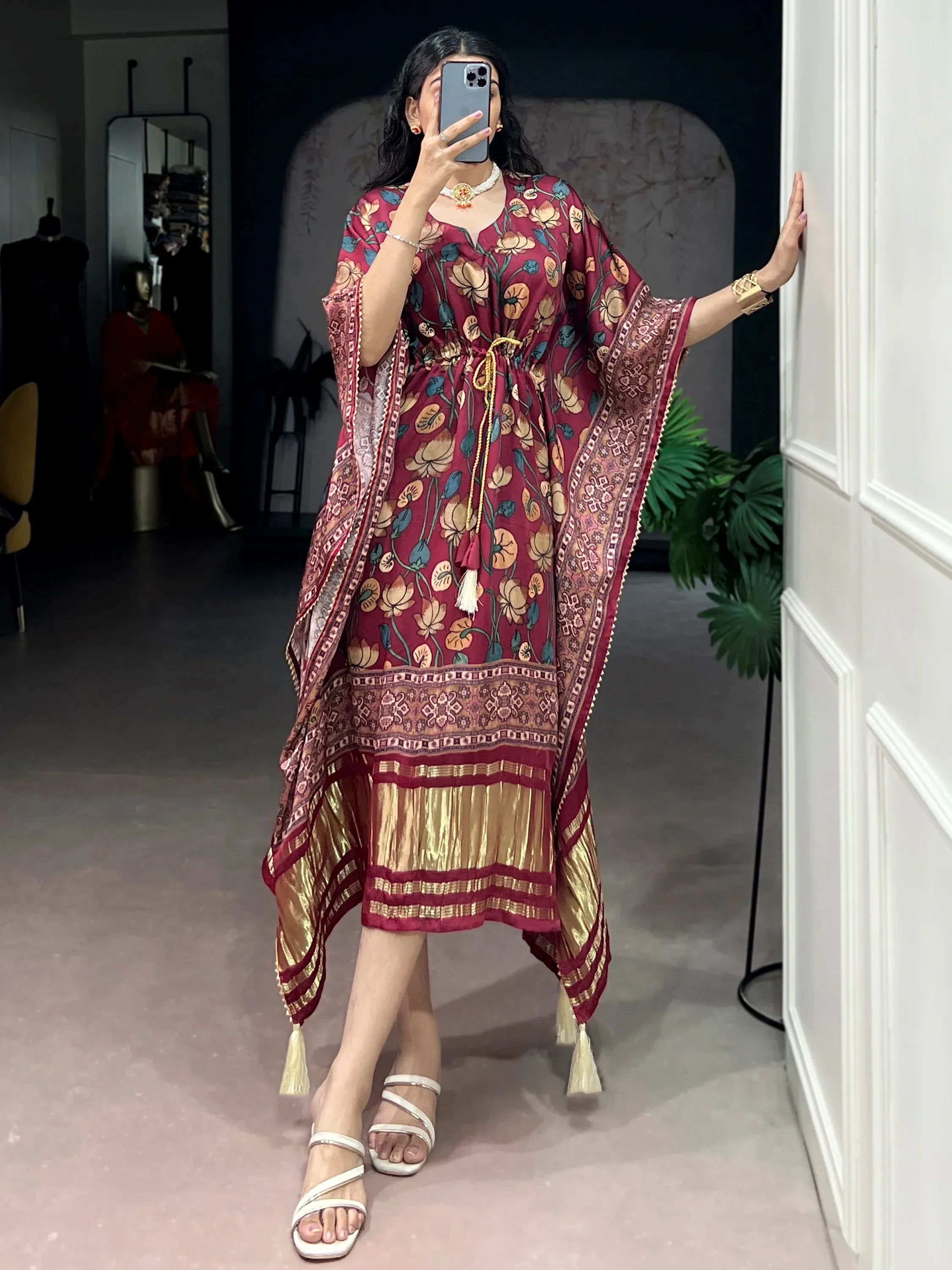 Charming Maroon Digital Printed Gaji Silk Wedding Wear Kaftan