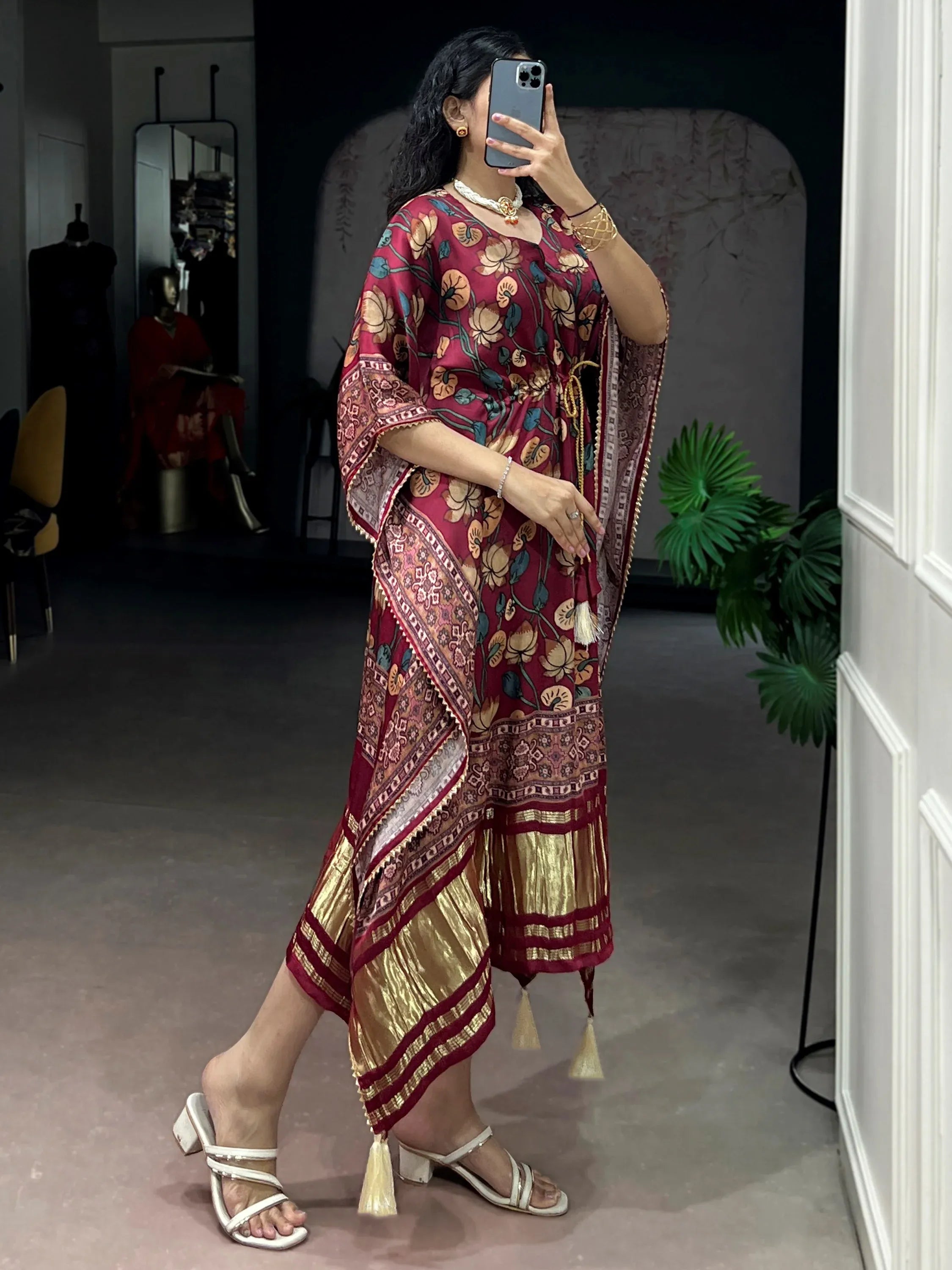 Charming Maroon Digital Printed Gaji Silk Wedding Wear Kaftan