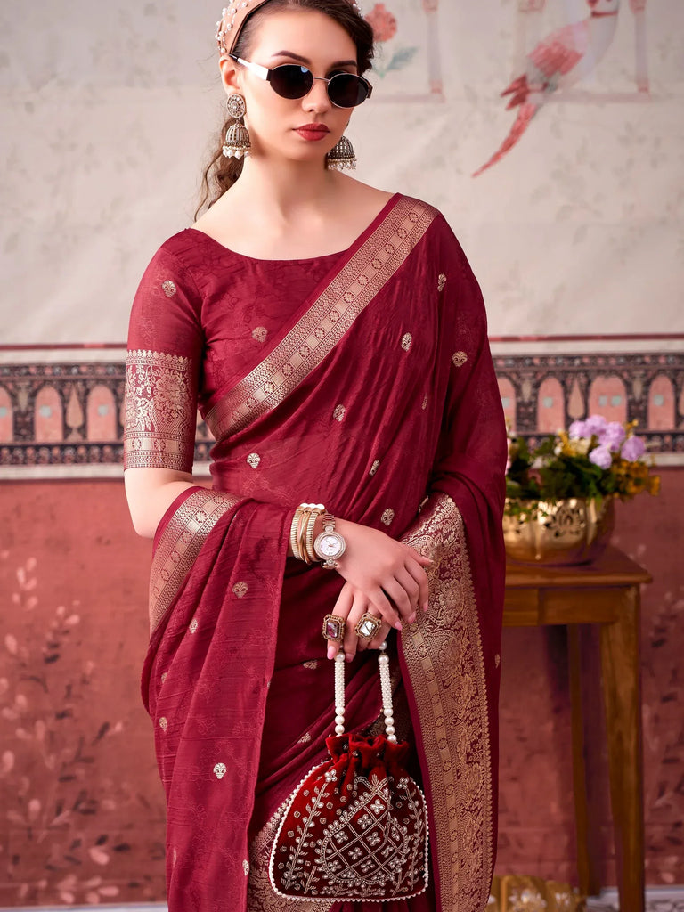 Classy Maroon Zari Work Chinon Wedding Wear Saree With Blouse