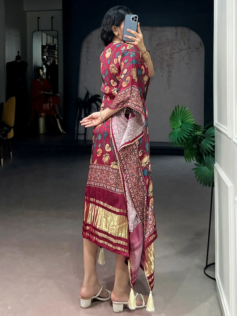 Charming Maroon Digital Printed Gaji Silk Wedding Wear Kaftan