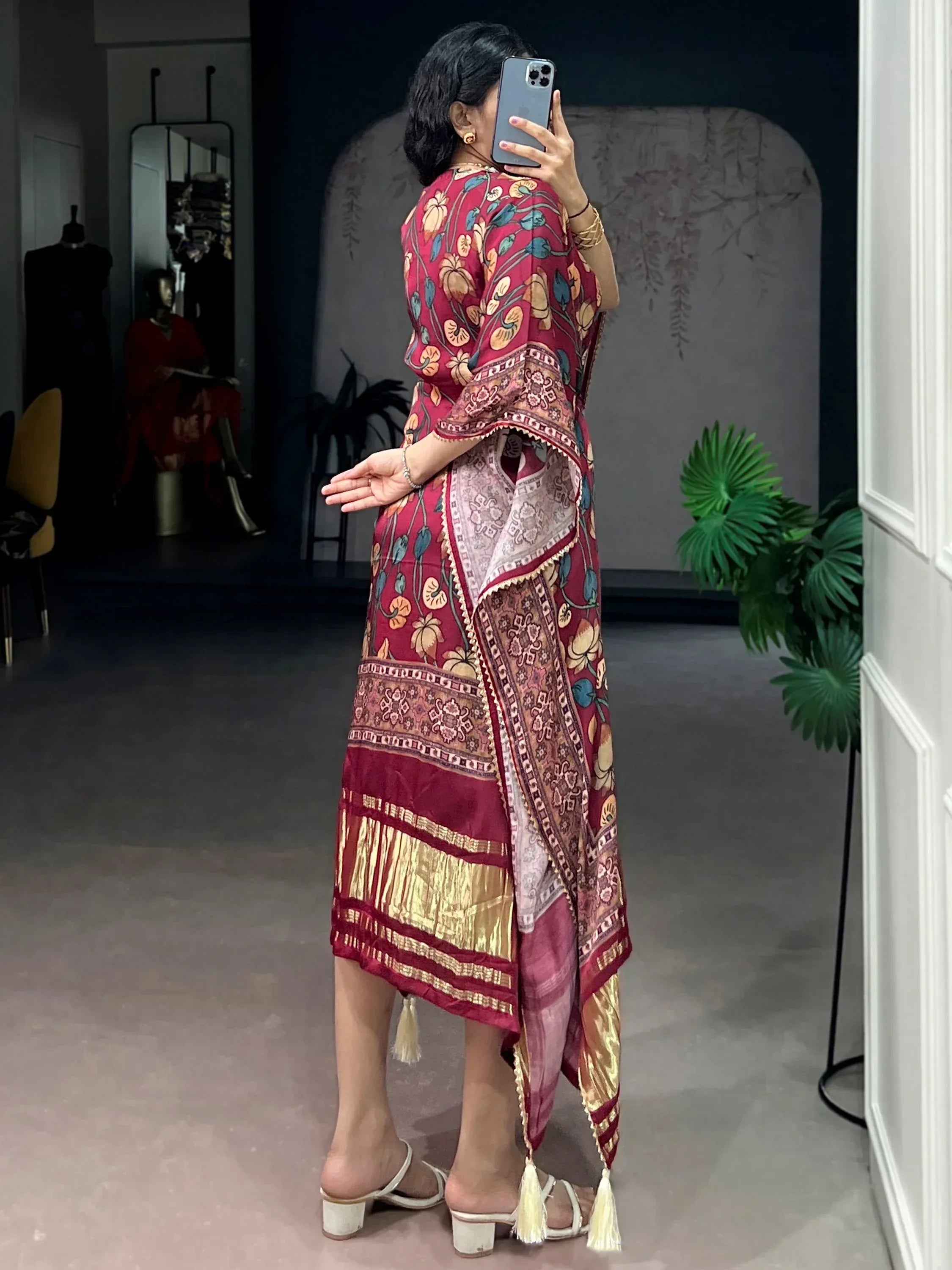 Charming Maroon Digital Printed Gaji Silk Wedding Wear Kaftan
