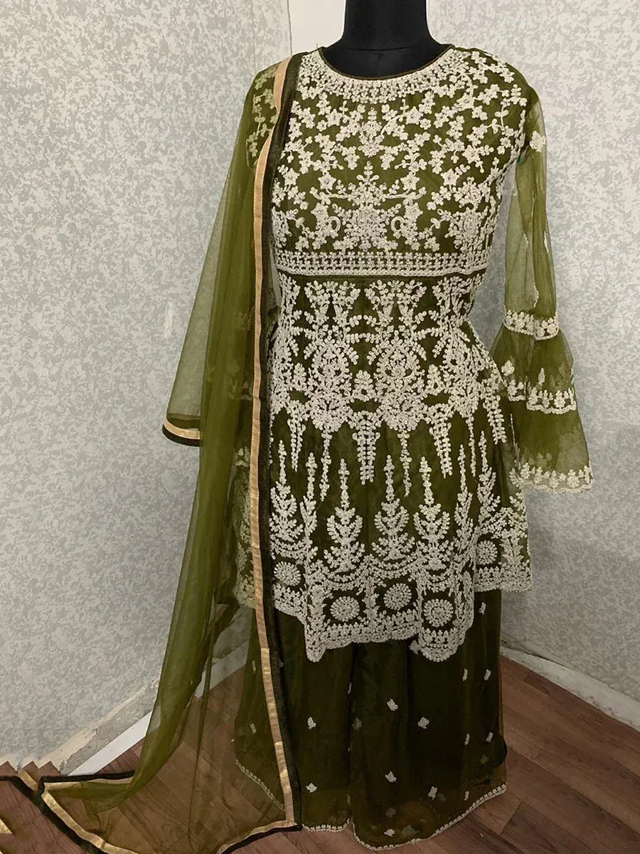 Olive green embroidered salwar kameez with white floral work and matching dupatta, ideal for Indian ethnic wear