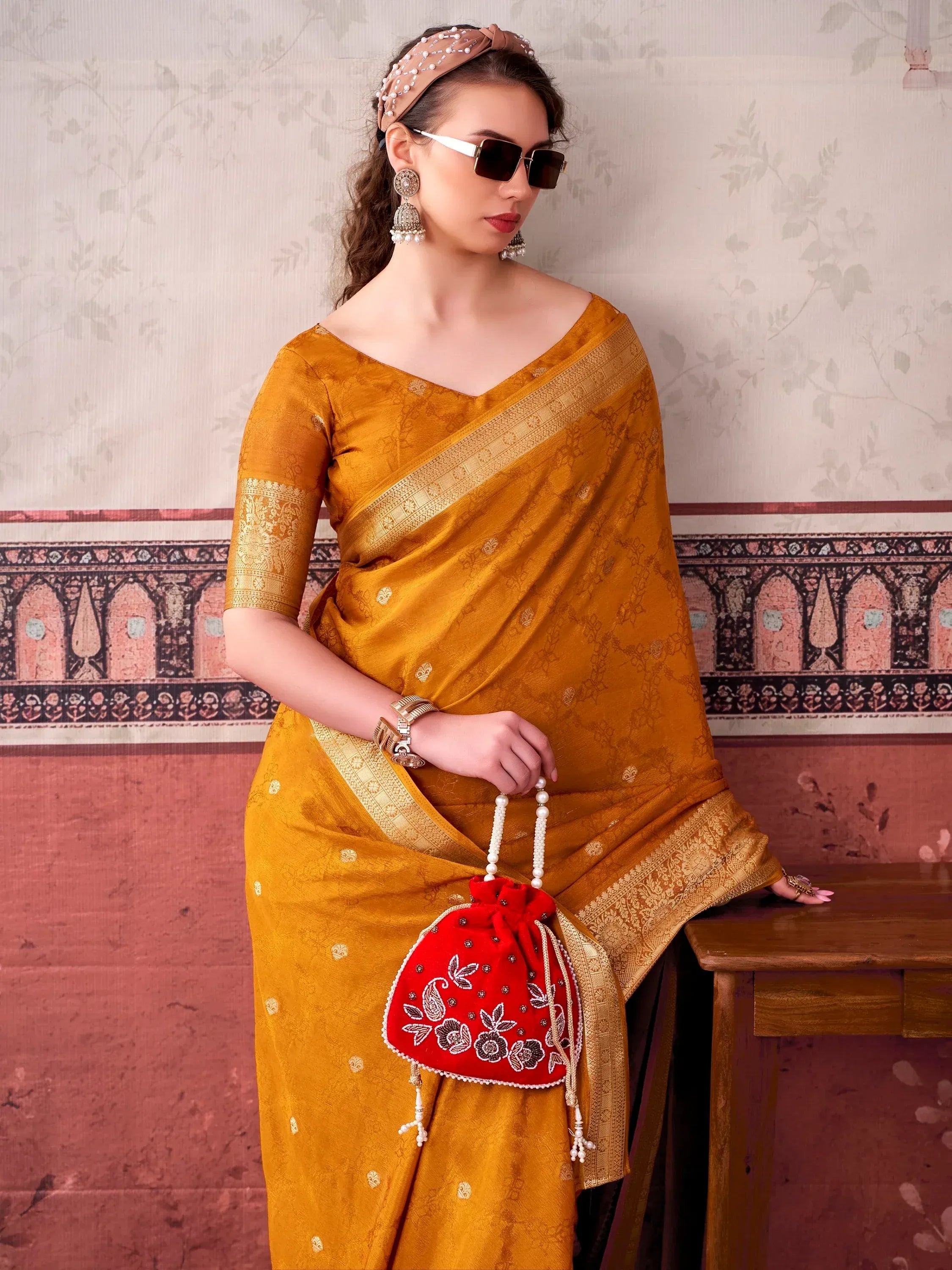 Admirable Mustard Yellow Printed Chinon Haldi Wear Saree With Blouse