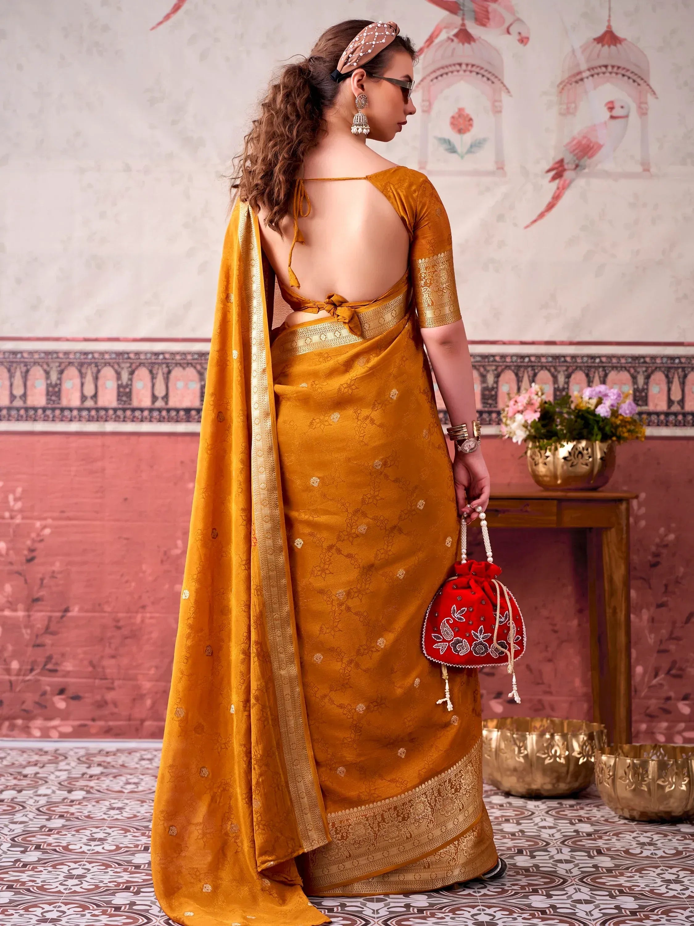 Admirable Mustard Yellow Printed Chinon Haldi Wear Saree With Blouse