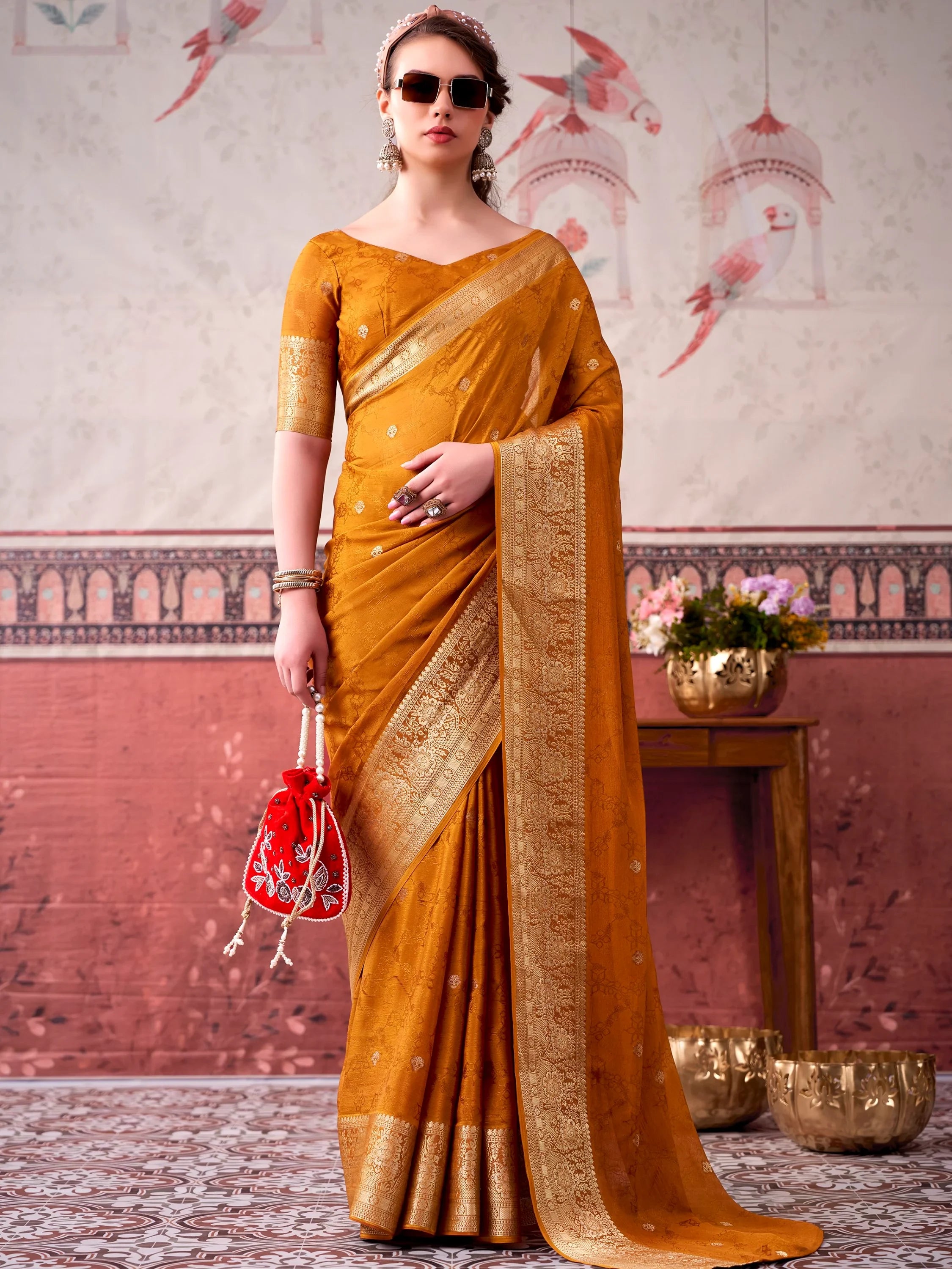 Admirable Mustard Yellow Printed Chinon Haldi Wear Saree With Blouse