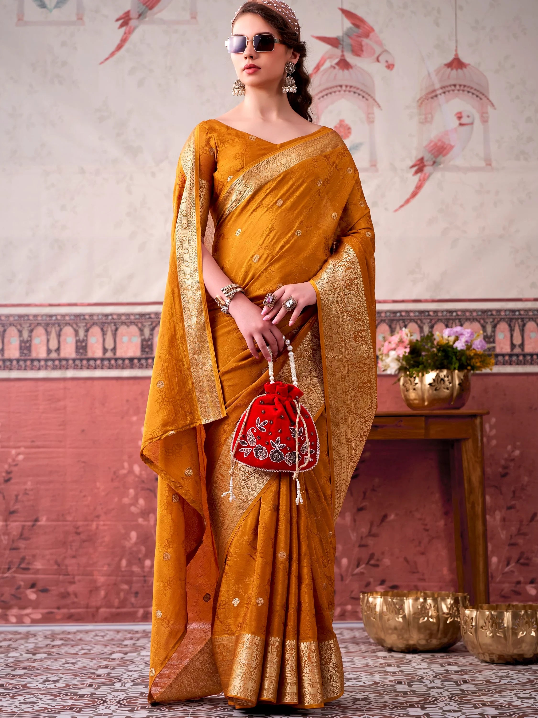 Admirable Mustard Yellow Printed Chinon Haldi Wear Saree With Blouse