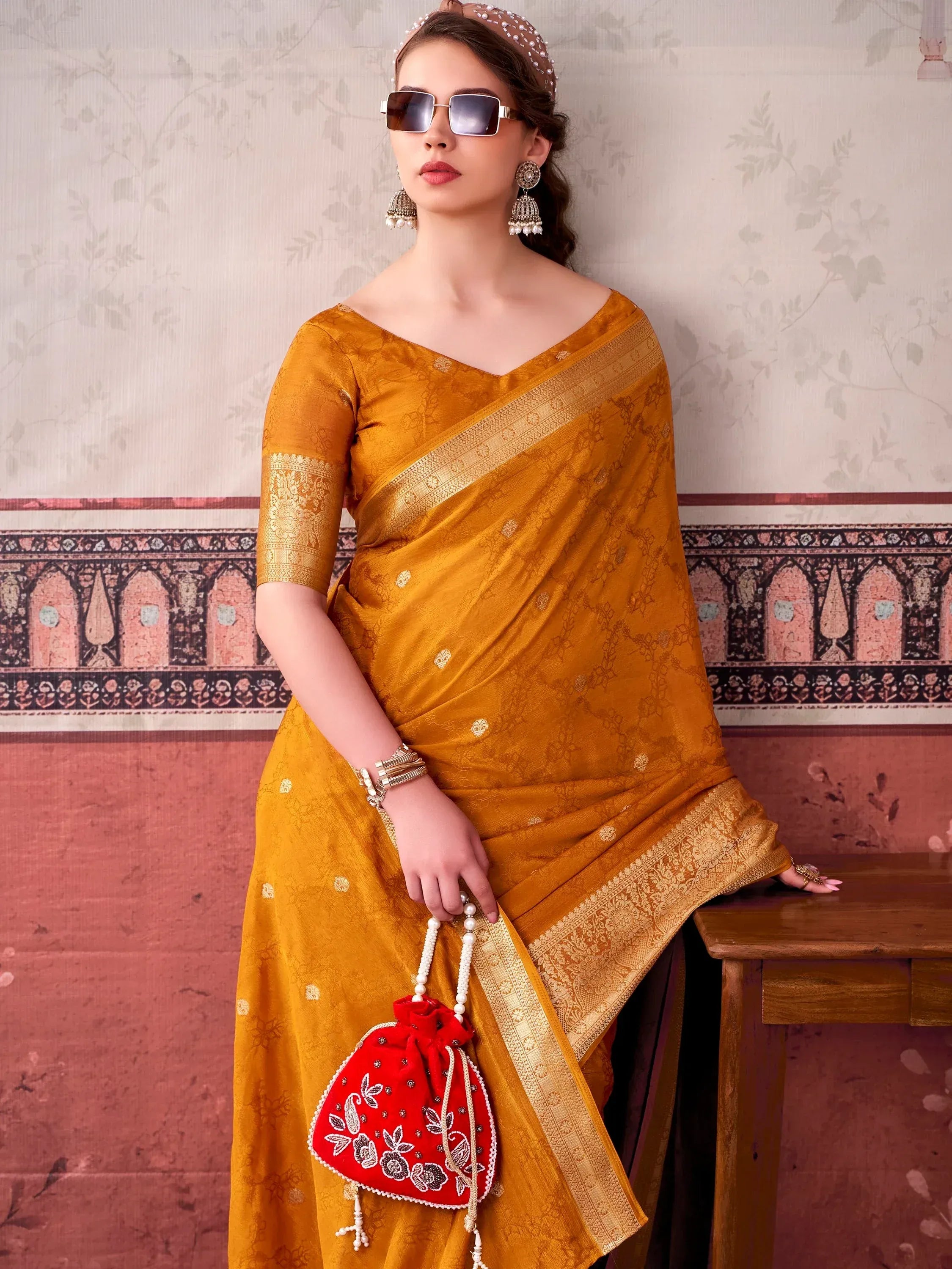 Admirable Mustard Yellow Printed Chinon Haldi Wear Saree With Blouse
