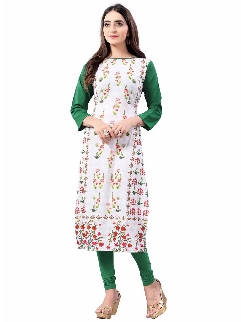 White-Green Digital Floral Printed Crepe Readymade Kurti