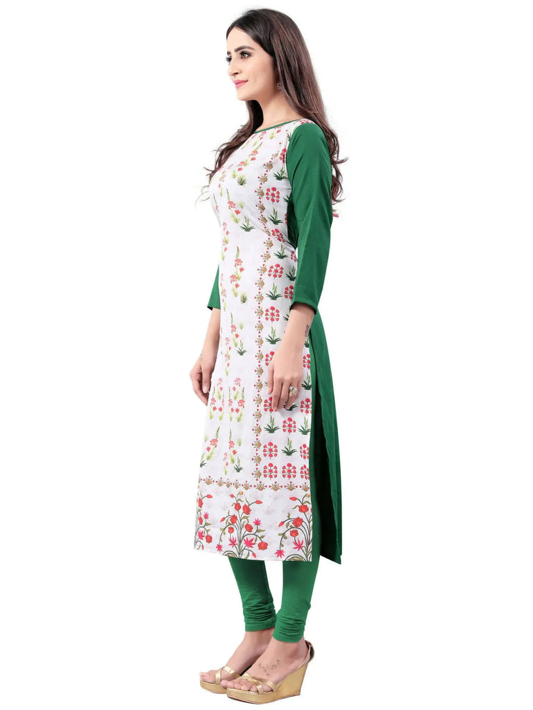 White-Green Digital Floral Printed Crepe Readymade Kurti