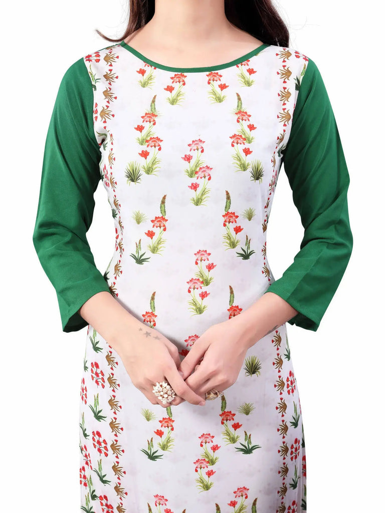 White-Green Digital Floral Printed Crepe Readymade Kurti