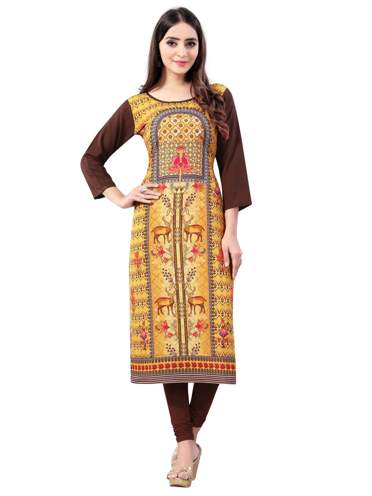 Yellow-Brown Digital Floral Printed Crepe Readymade Kurti