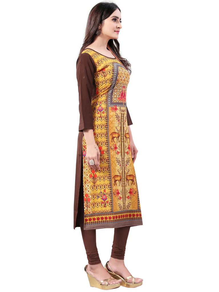 Yellow-Brown Digital Floral Printed Crepe Readymade Kurti