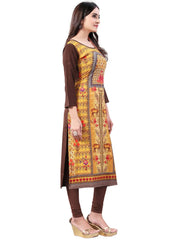 Yellow-Brown Digital Floral Printed Crepe Readymade Kurti