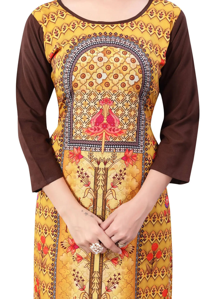 Yellow-Brown Digital Floral Printed Crepe Readymade Kurti
