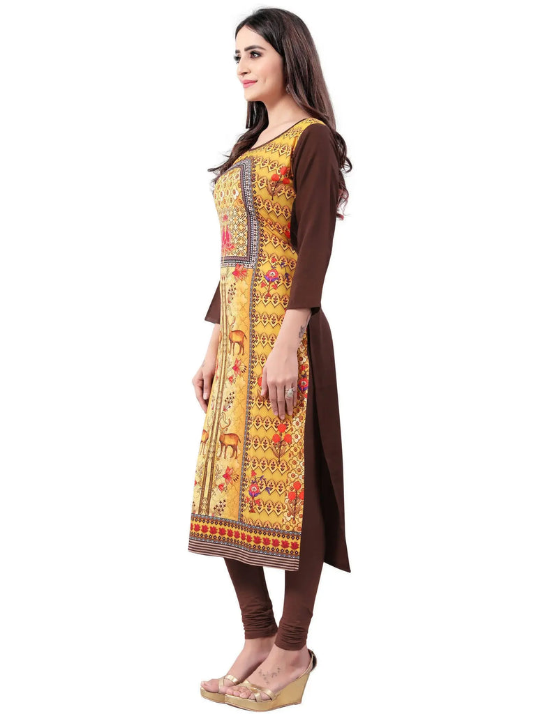 Yellow-Brown Digital Floral Printed Crepe Readymade Kurti