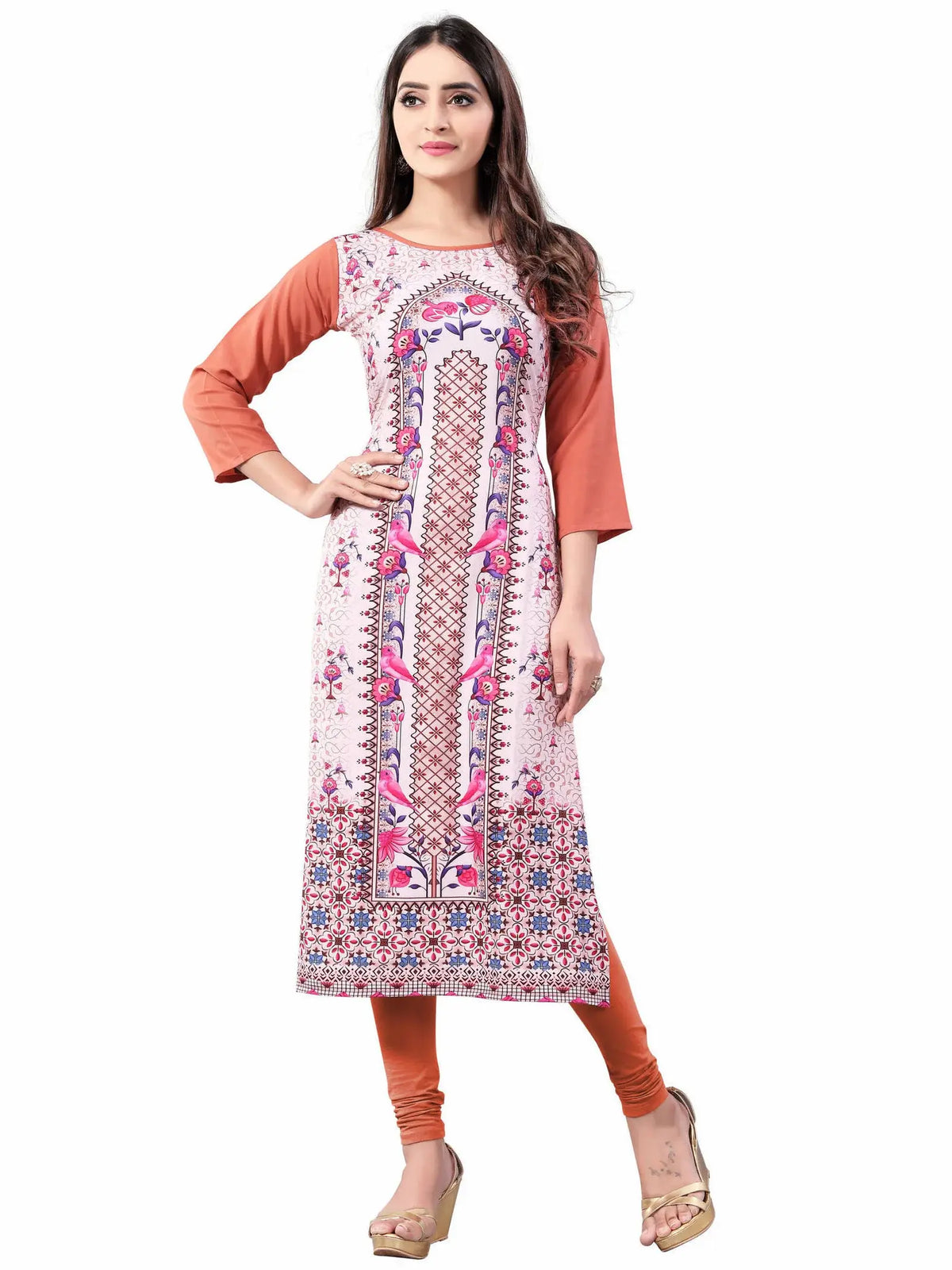 Pink-Peach Digital Floral Printed Crepe Readymade Kurti